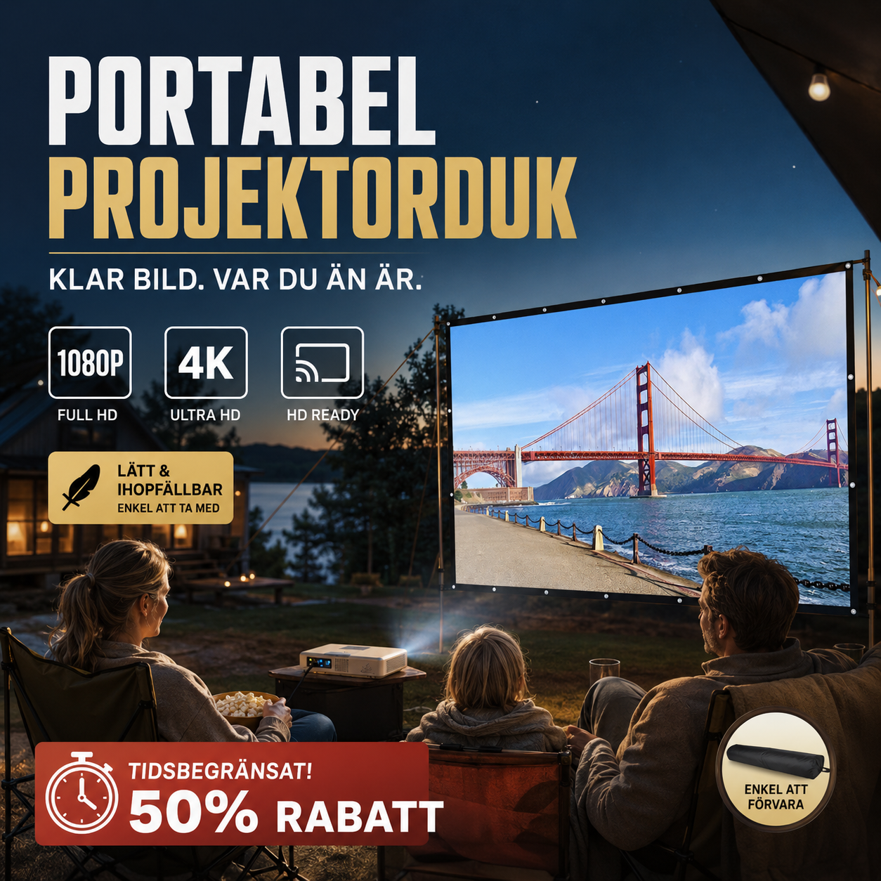 Vikbar anti-veck bärbar projektor filmskärm för hemmabio med antibländning