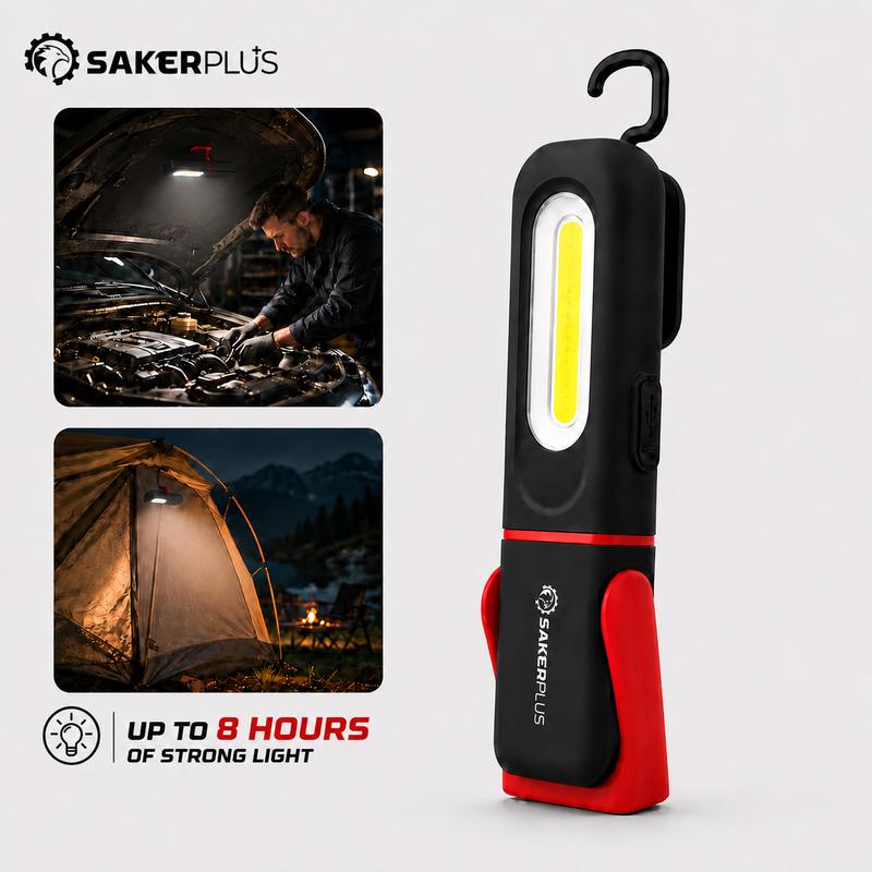 🔥SAKERPLUS uppladdningsbar arbetslampa, 3000 LM COB-LED-lampa med magnetfäste för mekaniker, 360° vridbar krok, 180° justerbart stativ, ficklampeläge, USB-C-laddning, IP54-vattentålig för bilreparationer, garage och camping