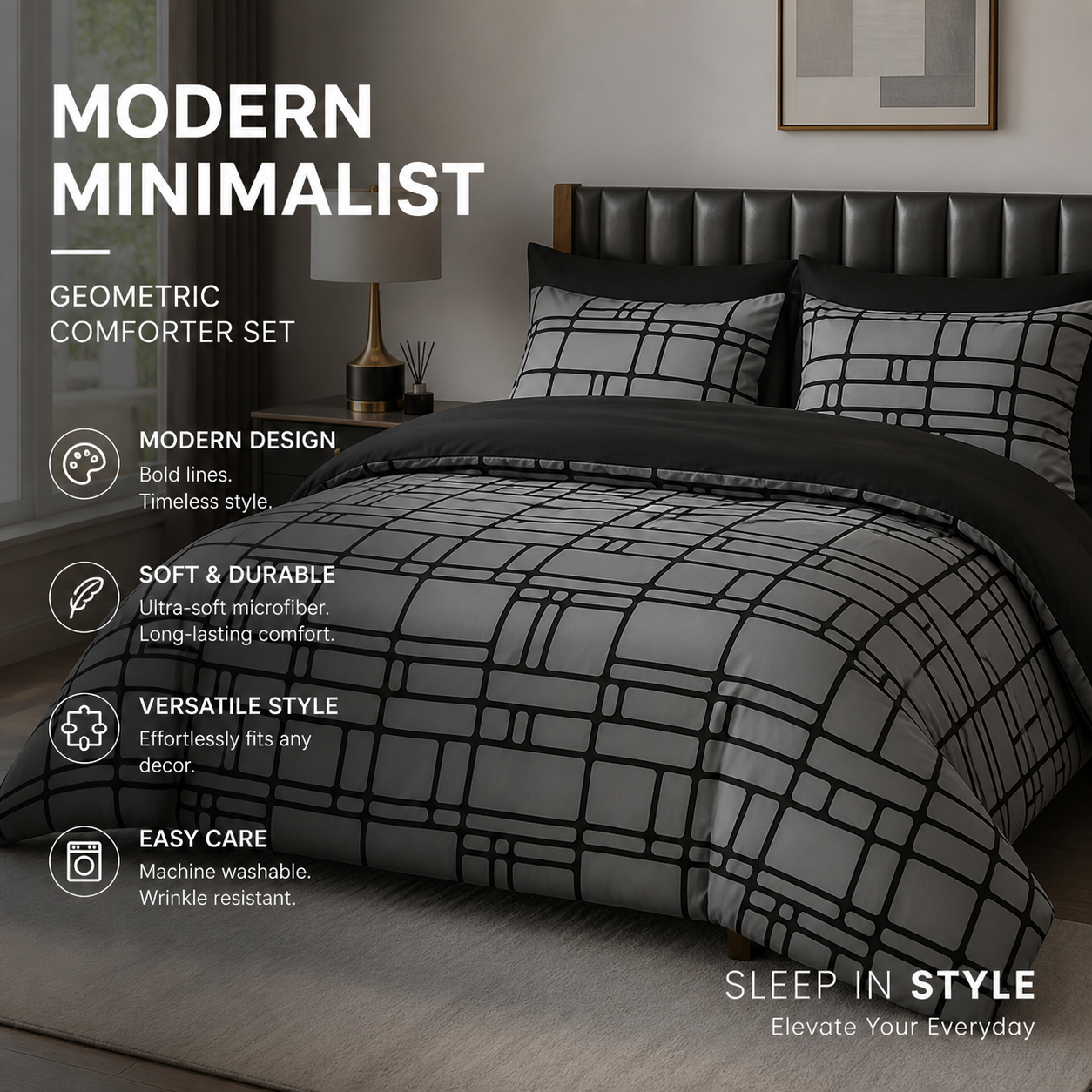 Moderna, minimalistiska sängkläder med geometriska mönster