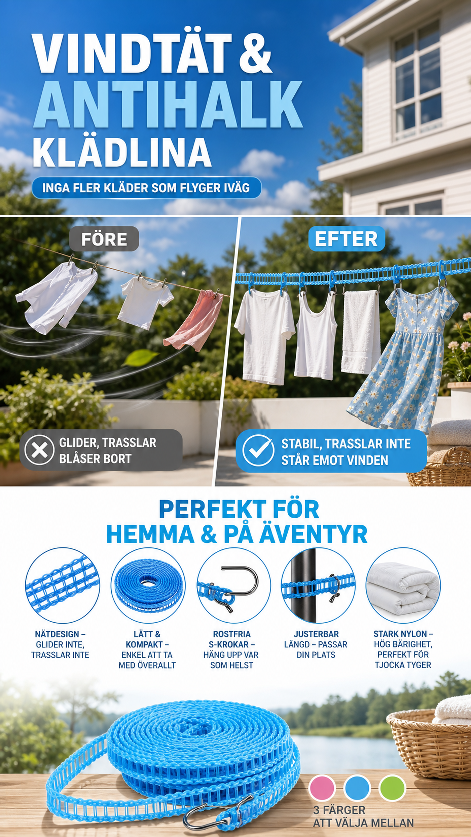 🧺 KÖP 1, FÅ 1 GRATIS! 🌬️ Vindskyddad och halkfri tvättlina ✨ Snabbtorkande, säker & enkel att sätta upp – perfekt för hemmet och balkongen ☀️