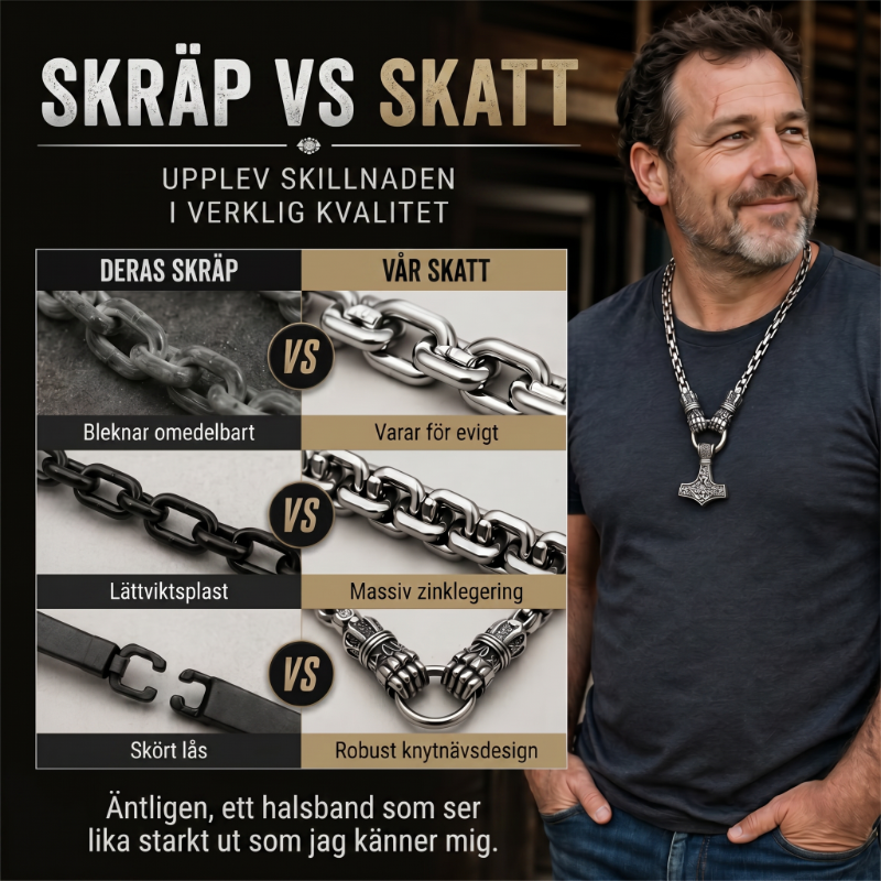 🛡️Halsband med hänge i form av vikingahammaren Thor, rostfritt stål, bysantinsk kedja