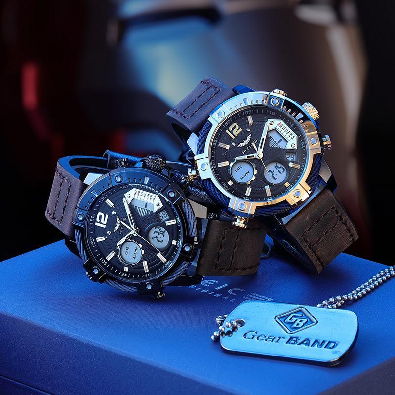 Multifunktionell dubbel display 3ATM vattentäta mansklocka med kvarts och sportfunktion