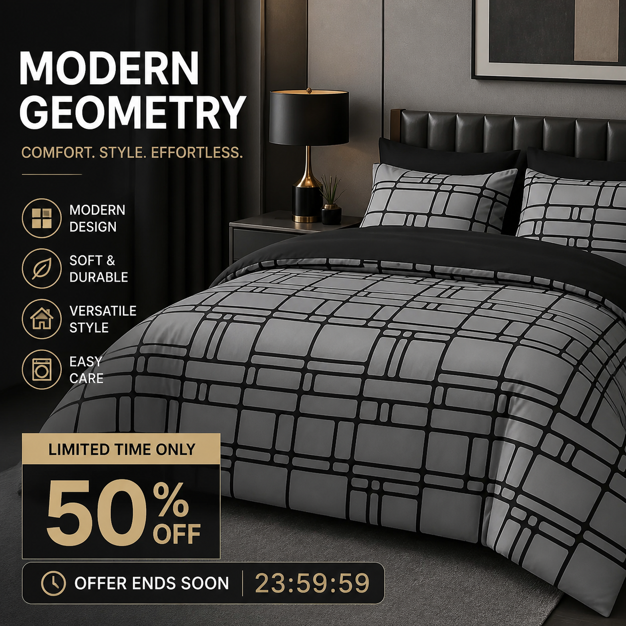 Moderna, minimalistiska sängkläder med geometriska mönster
