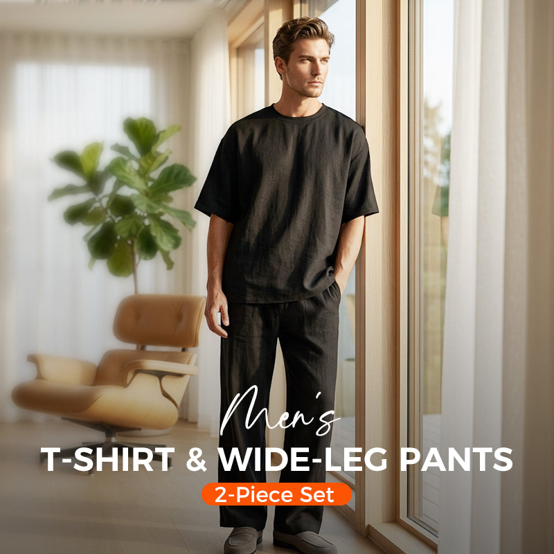 2-delat set med T-shirt och byxor med vida ben för män