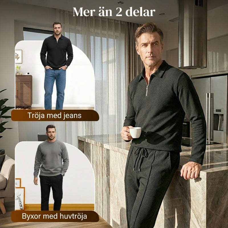 ⏰ Endast nu 49% rabatt!🔥Herrset i Vaffelstickning – Collegetröja & Raka Byxor