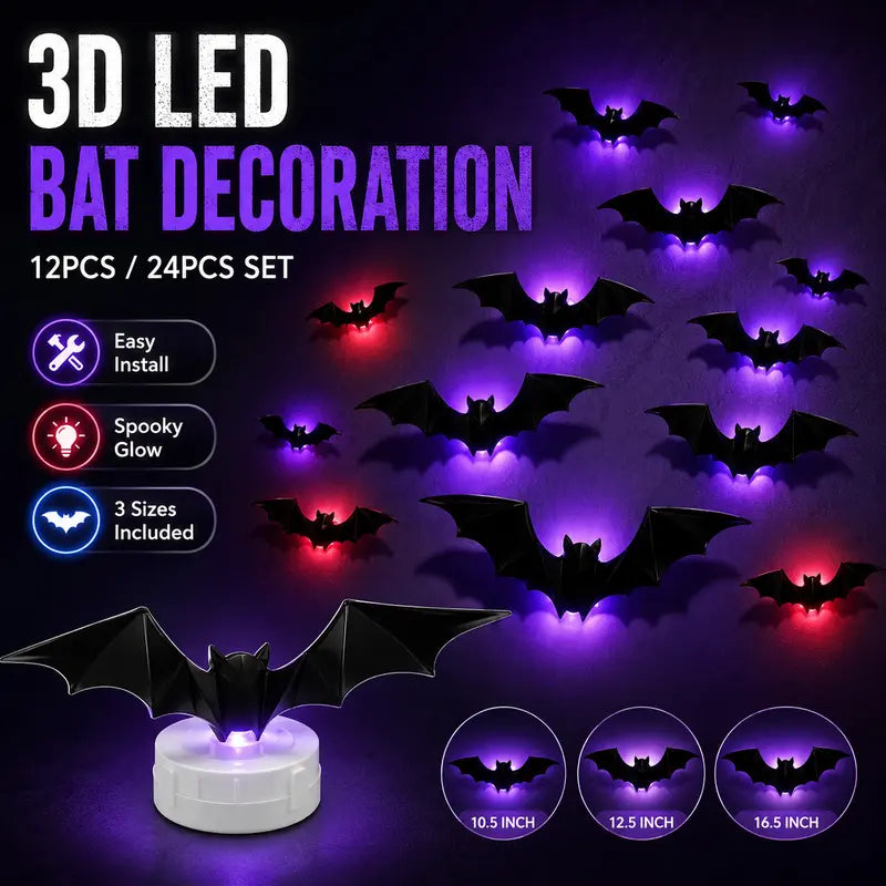 🦇 50% RABATT! 🎃 3D LED-Fladdermöss Halloween-Dekoration – Lila Ljus, Hängande & Väggklistrad – Kuslig Atmosfär för Hem & Fest 🌙