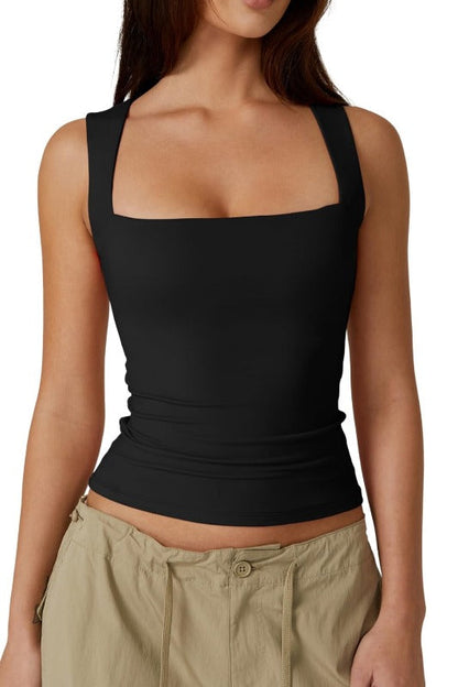 🔥Köp 1 få 1 gratis skicka två🎀 Tank Top med fyrkantig hals och ärmlösa dubbla lager för kvinnor