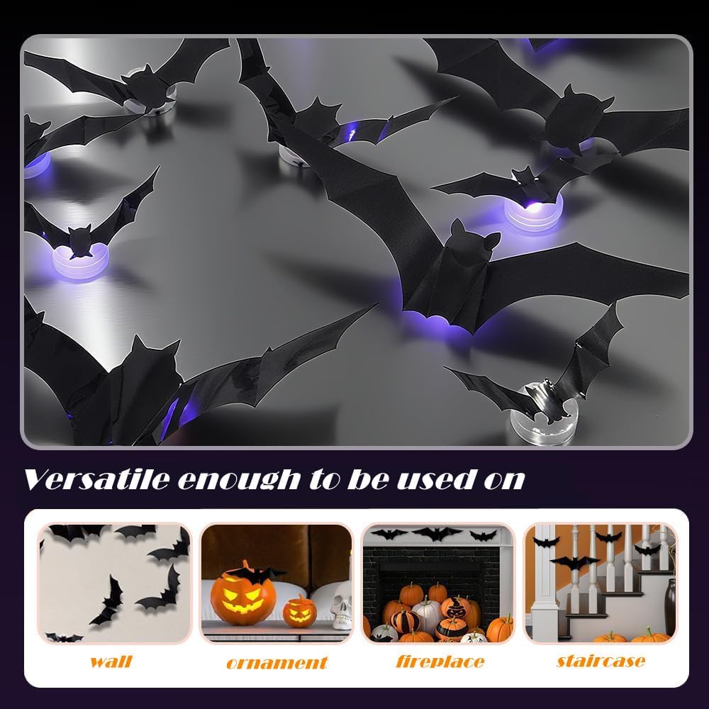 🦇 50% RABATT! 🎃 3D LED-Fladdermöss Halloween-Dekoration – Lila Ljus, Hängande & Väggklistrad – Kuslig Atmosfär för Hem & Fest 🌙
