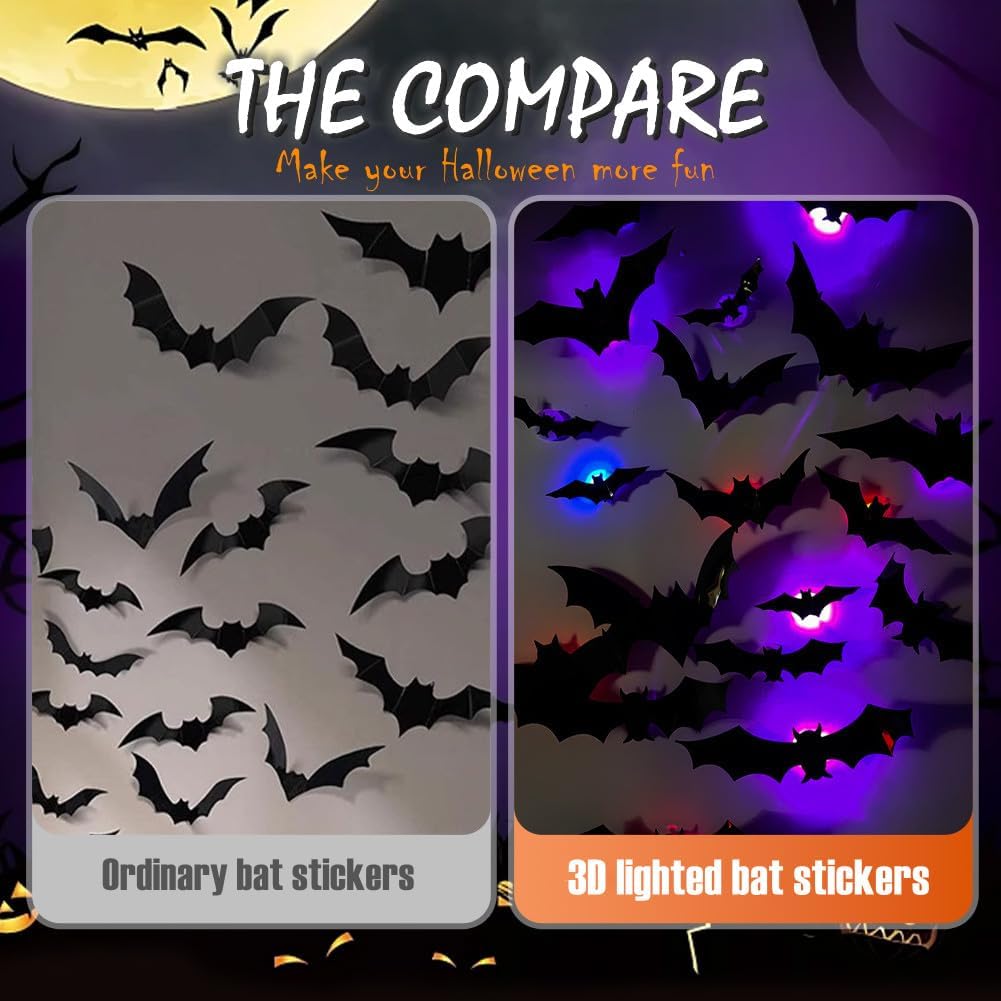 🦇 50% RABATT! 🎃 3D LED-Fladdermöss Halloween-Dekoration – Lila Ljus, Hängande & Väggklistrad – Kuslig Atmosfär för Hem & Fest 🌙
