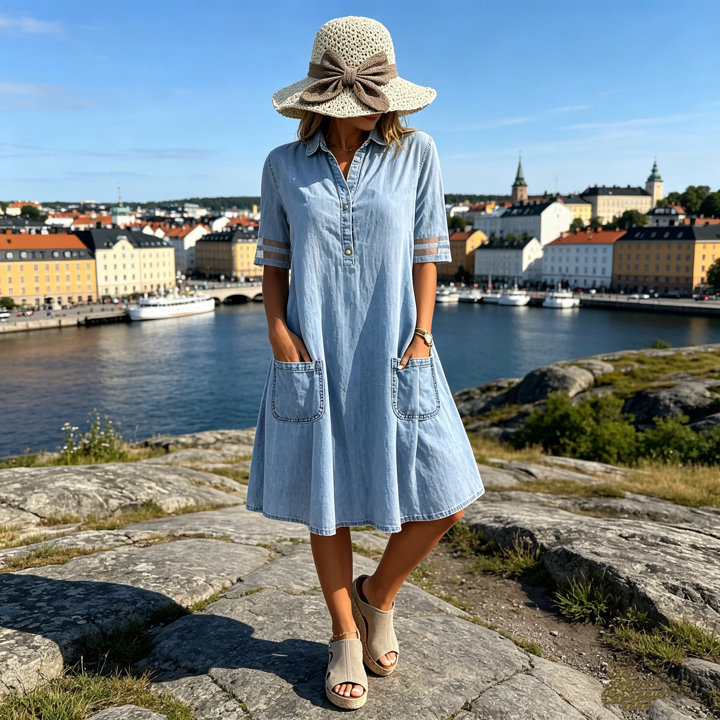 🎁Begränsad tid 50 % RABATT⏳Blå, enkel miniklänning i denim med krage och spetskant