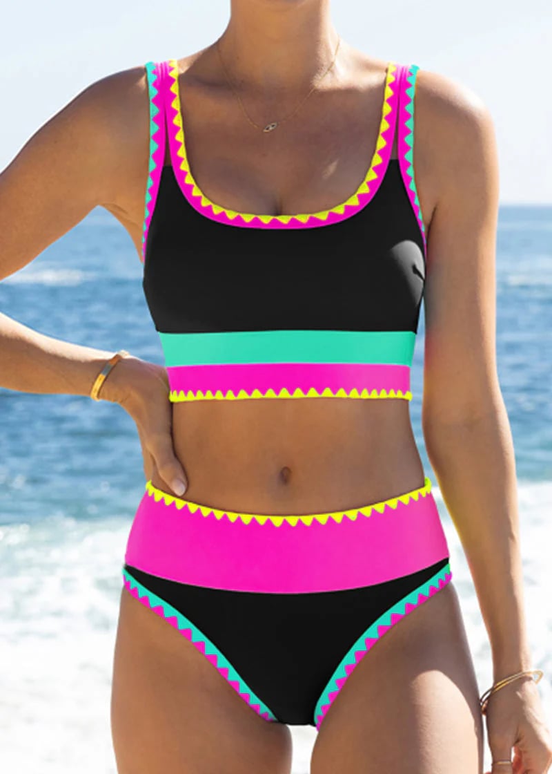 🔥🎁Nyhet 50 % RABATT🔥🌼 Färgblockerad Sportig 3-delars Bikiniset i Nylon – Högmidja med Magekontroll 👙