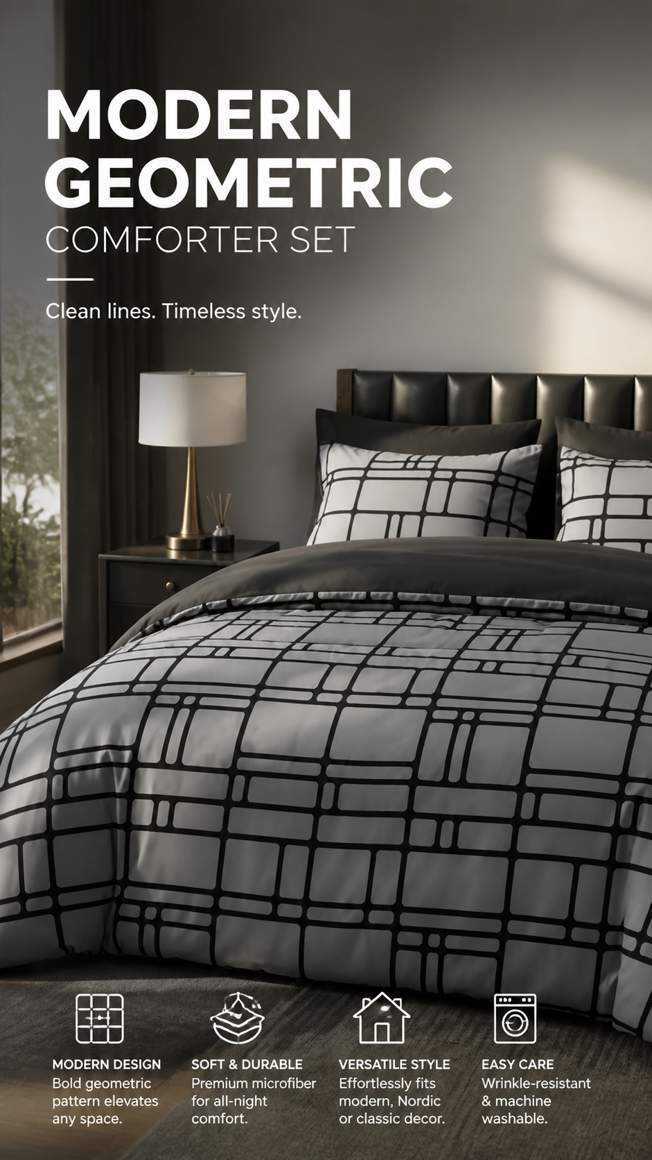 Moderna, minimalistiska sängkläder med geometriska mönster