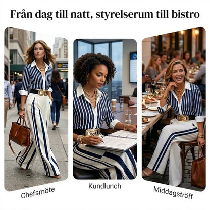 🔥50 % rabatt under en begränsad tid🔥2-delars set med randig damskjorta och byxor med vida ben