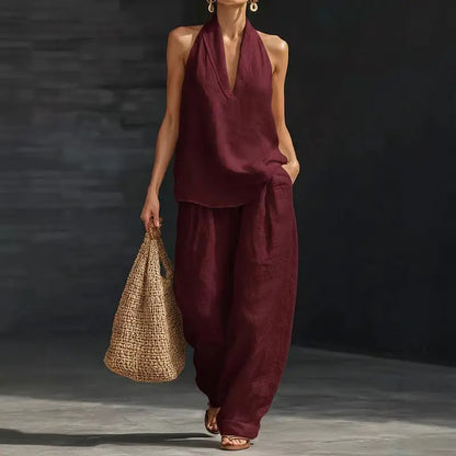 👚 50% RABATT! 🌞 Boho Linne Tvådelat Set – Halslinne & Vida Byxor, Lätt & Perfekt För En Ledig Sommarlook 💃