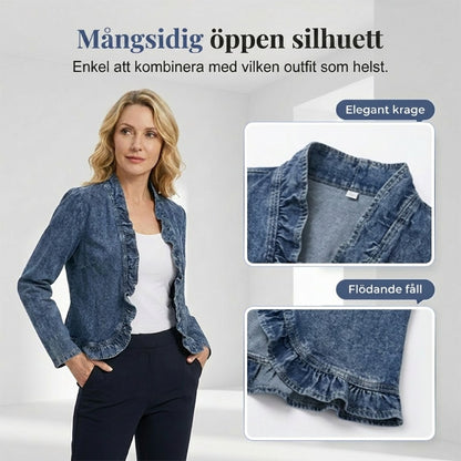 🧥 50% RABATT NU! 🌸 Dam Denimjacka med Volang & Öppen Framsida – Lättviktig & Feminin – Mångsidig & Chic 👗
