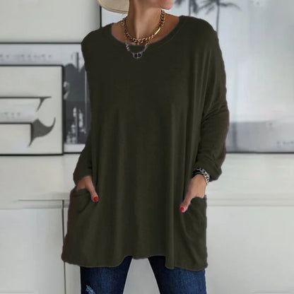 💖SISTA DAGEN AV REAN 50 % RABATT🥰【S-5XL】Rund hals Långärmad lös ficka Solid T-shirt