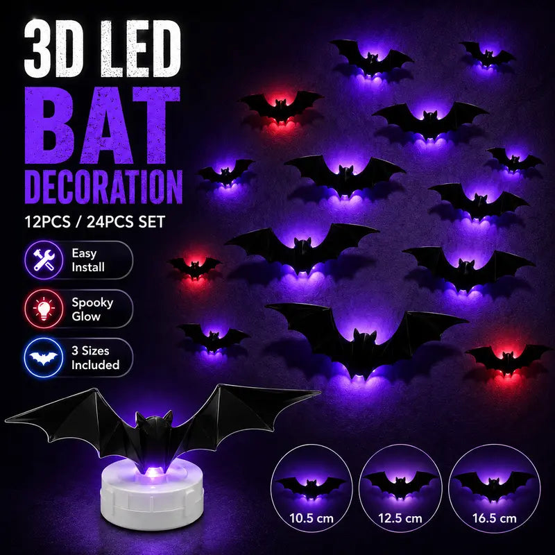 🦇 50% RABATT! 🎃 3D LED-Fladdermöss Halloween-Dekoration – Lila Ljus, Hängande & Väggklistrad – Kuslig Atmosfär för Hem & Fest 🌙