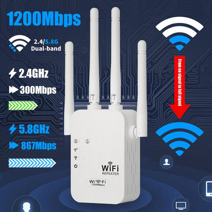 🎁Sista dagen-kampanj 49 % 🔥WiFi-förstärkare 2025,1200 Mbps dual band (5 GHz/2,4 GHz) signalförstärkare, täcker 930 m² och 50 enheter, repeater med Ethernet-port för hemmet, presenter