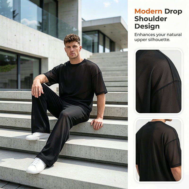 2-delat set med T-shirt och byxor med vida ben för män