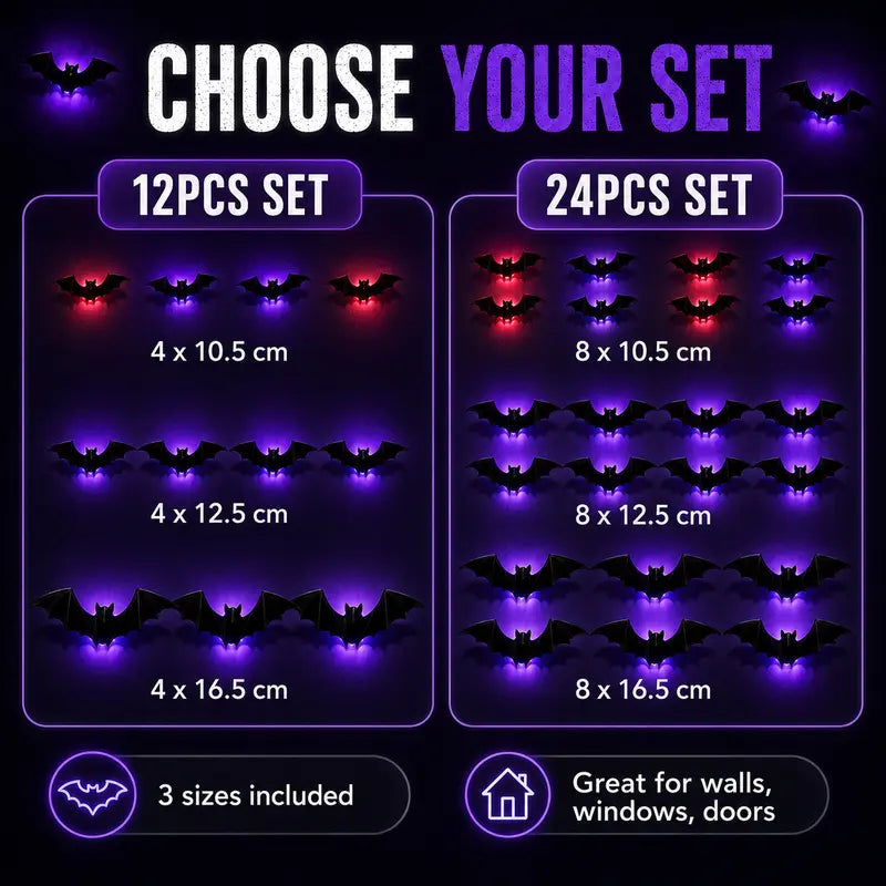 🦇 50% RABATT! 🎃 3D LED-Fladdermöss Halloween-Dekoration – Lila Ljus, Hängande & Väggklistrad – Kuslig Atmosfär för Hem & Fest 🌙