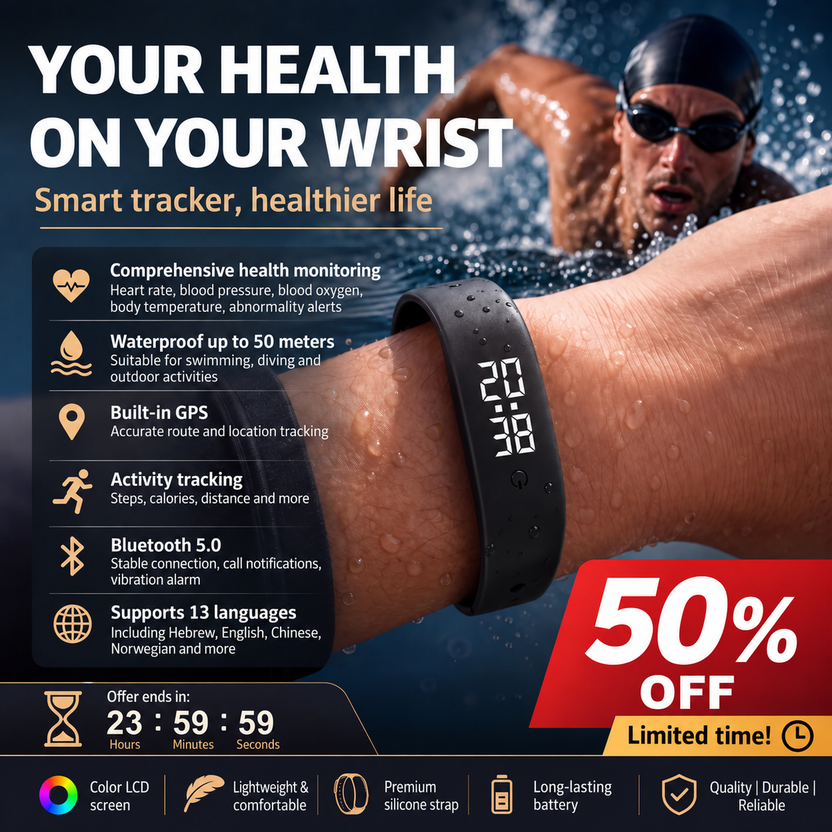 🔥🎁Nyhet 50 % RABATT🔥⌚ SmartSense-aktivitetsmätare – mäter kroppstemperaturen. Vattentålig ner till 50 meters djup – perfekt för träning och vardag! 💪🔥
