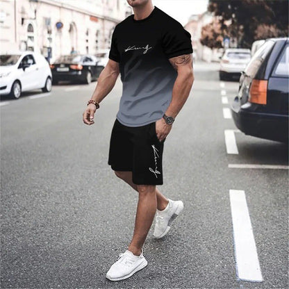 🔥🎁Nyhet 50 % RABATT🔥😎Herrset med t-shirt och shorts i gradientfärg