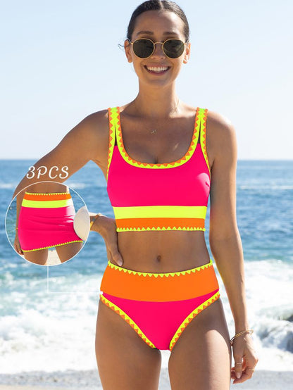 🔥🎁Nyhet 50 % RABATT🔥🌼 Färgblockerad Sportig 3-delars Bikiniset i Nylon – Högmidja med Magekontroll 👙