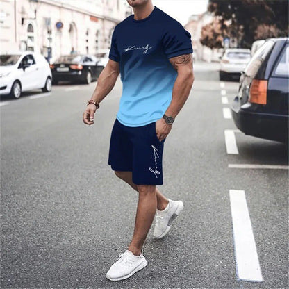 🔥🎁Nyhet 50 % RABATT🔥😎Herrset med t-shirt och shorts i gradientfärg
