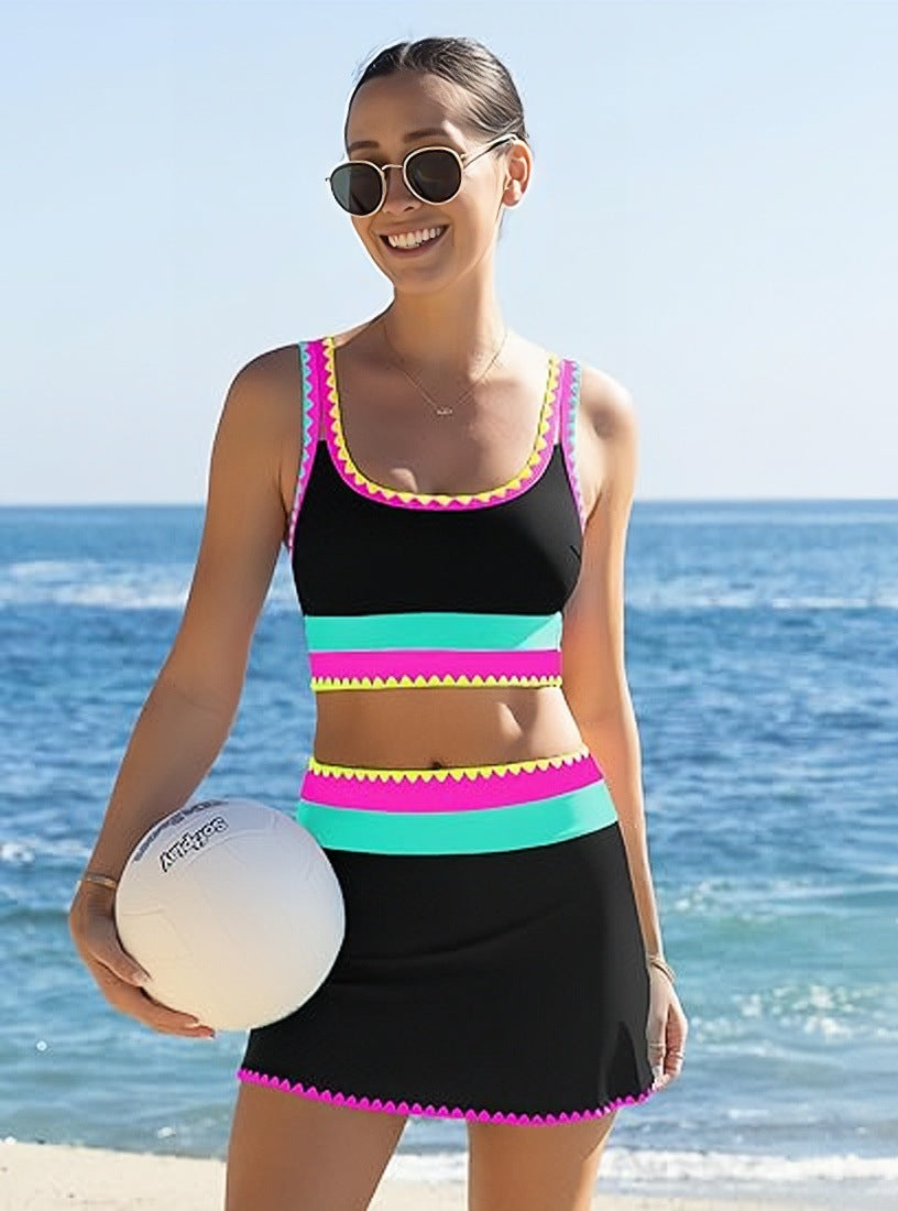 🔥🎁Nyhet 50 % RABATT🔥🌼 Färgblockerad Sportig 3-delars Bikiniset i Nylon – Högmidja med Magekontroll 👙
