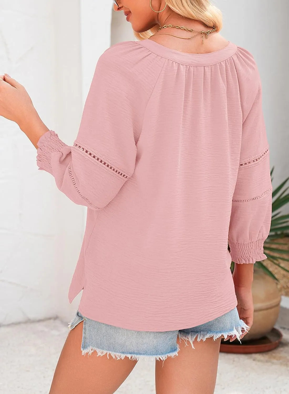 💥Sista dagen – specialerbjudande: 50 % rabatt👚Dam-T-shirt med 3/4-långa lanternärmar och V-ringning samt plisserad, lös blus med utskärninga