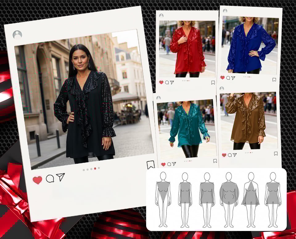 🎅 JULREA✨Damtröja med V-ringning, chiffong och paljetter, långärmad🎁