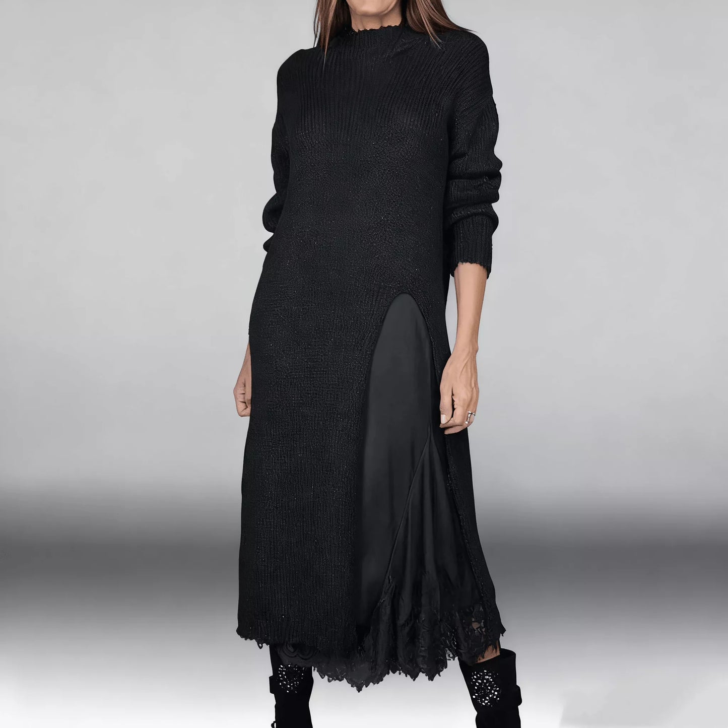 👗 60% RABATT NU! ✨ Dam Lång Stickad Kofta med Spetsinlägg - Elegant Tvådelad Set med Mjukt Stretchtyg för Kontors- och Festlook 💃🌟