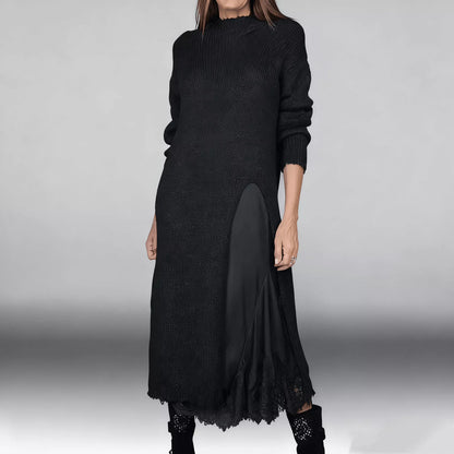 👗 60% RABATT NU! ✨ Dam Lång Stickad Kofta med Spetsinlägg - Elegant Tvådelad Set med Mjukt Stretchtyg för Kontors- och Festlook 💃🌟