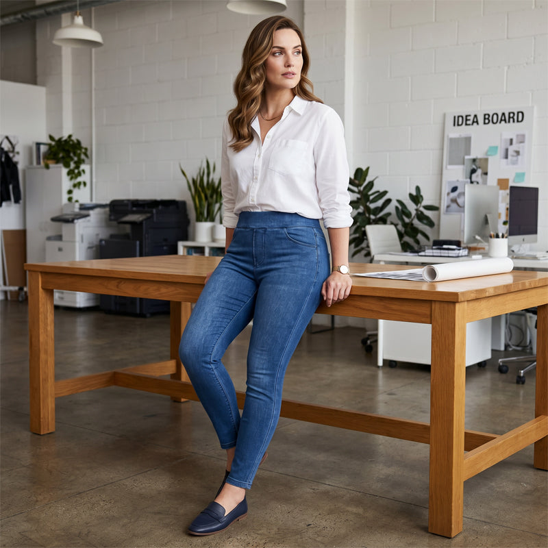 🔥🎁Nyhet 50 % RABATT🔥Casual-leggings i stretchig denim med hög midja och bakfickor