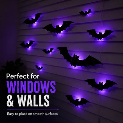 🦇 50% RABATT! 🎃 3D LED-Fladdermöss Halloween-Dekoration – Lila Ljus, Hängande & Väggklistrad – Kuslig Atmosfär för Hem & Fest 🌙