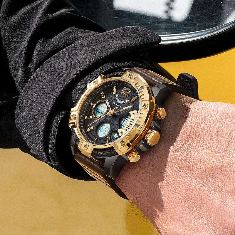 Multifunktionell dubbel display 3ATM vattentäta mansklocka med kvarts och sportfunktion