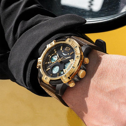 Multifunktionell dubbel display 3ATM vattentäta mansklocka med kvarts och sportfunktion