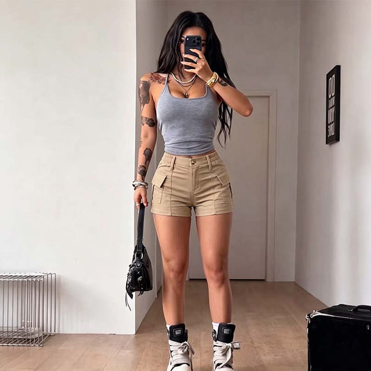 🥳SOMMARREA🥳💞50K+ SÅLDA!💥50% RABATT! 🔥Damshorts med hög midja och fickor — Fri frakt vid köp av två