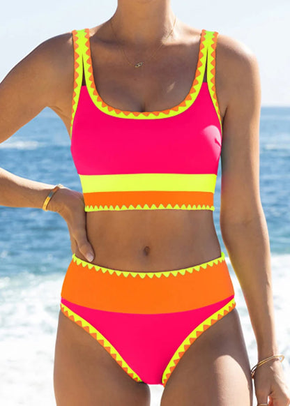 🔥🎁Nyhet 50 % RABATT🔥🌼 Färgblockerad Sportig 3-delars Bikiniset i Nylon – Högmidja med Magekontroll 👙