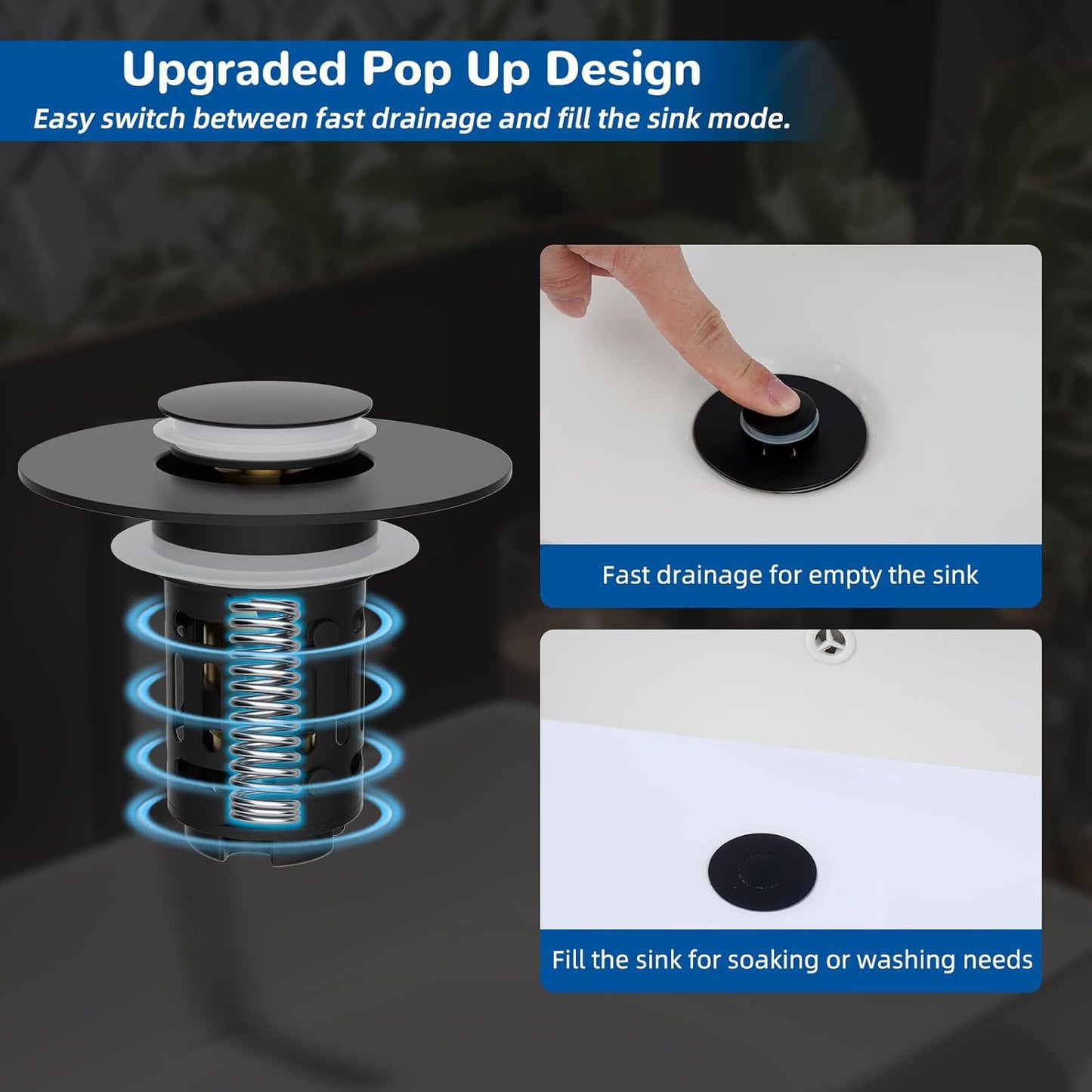 Hibbent uppgraderat 3-i-1-avloppsfilter för handfat, universell pop-up-propp, avtagbar hårfångare i korgform av rostfritt stål, propp för handfat på 2,8–5,9 cm, mässingspatron, matt svart