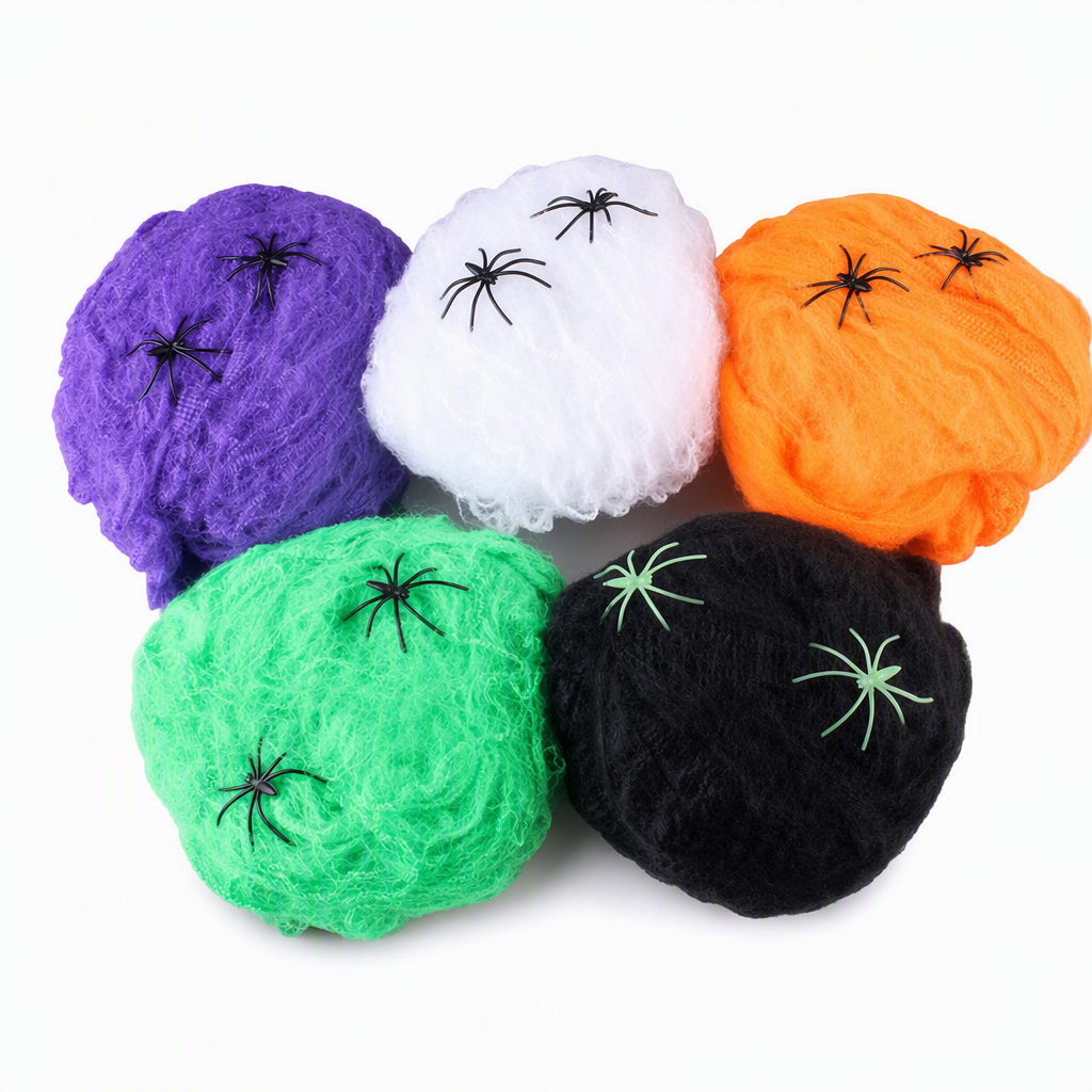 Läskiga Spindlar & Töjbart Spindelnät för Halloween-dekoration