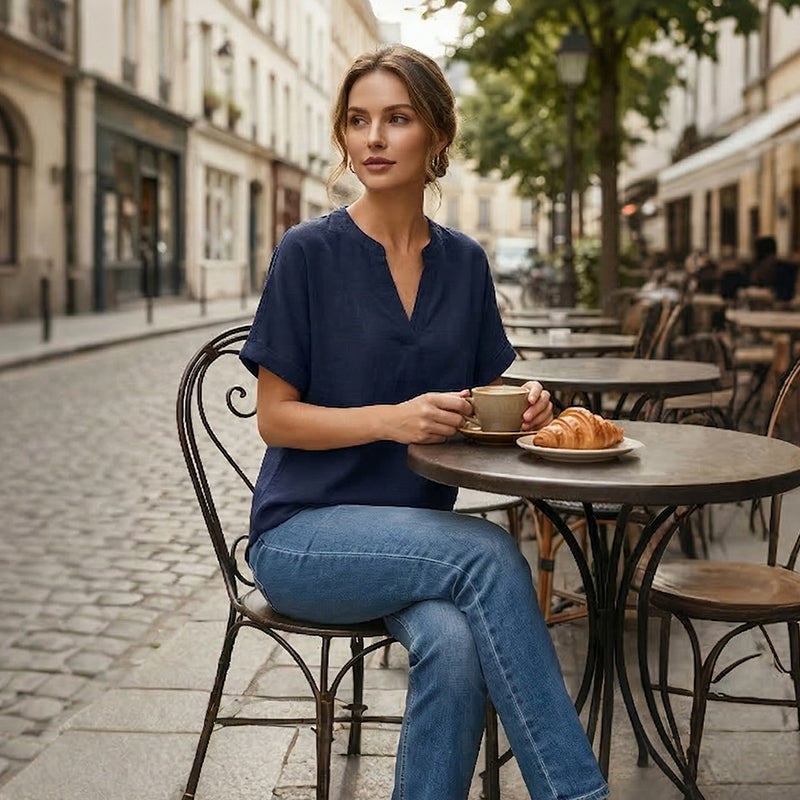 🌸Vårrea 50 % rabatt👕Modetopp i enfärgat tyg med korta ärmar