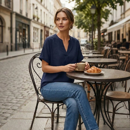 🌸Vårrea 50 % rabatt👕Modetopp i enfärgat tyg med korta ärmar