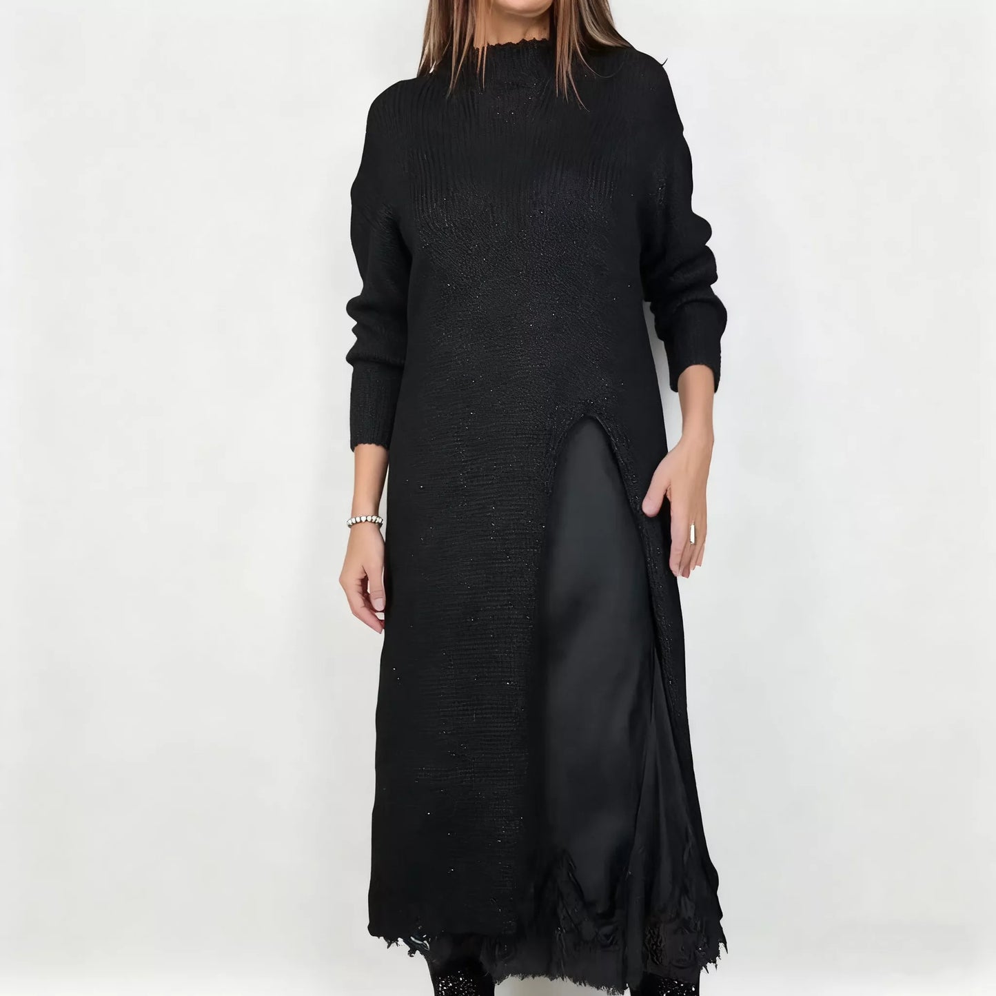 👗 60% RABATT NU! ✨ Dam Lång Stickad Kofta med Spetsinlägg - Elegant Tvådelad Set med Mjukt Stretchtyg för Kontors- och Festlook 💃🌟