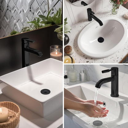 Hibbent uppgraderat 3-i-1-avloppsfilter för handfat, universell pop-up-propp, avtagbar hårfångare i korgform av rostfritt stål, propp för handfat på 2,8–5,9 cm, mässingspatron, matt svart