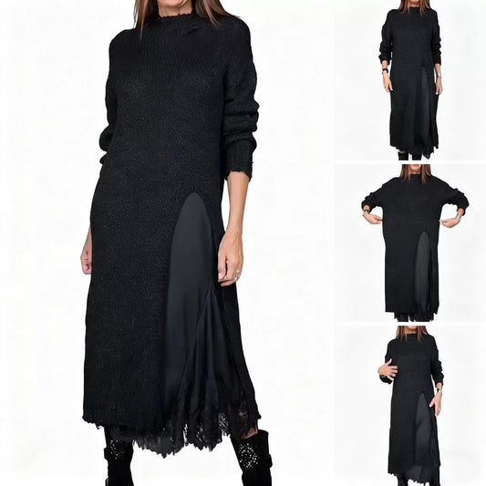 👗 60% RABATT NU! ✨ Dam Lång Stickad Kofta med Spetsinlägg - Elegant Tvådelad Set med Mjukt Stretchtyg för Kontors- och Festlook 💃🌟