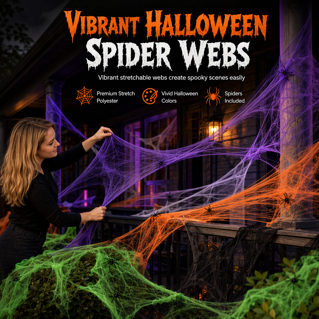 Läskiga Spindlar & Töjbart Spindelnät för Halloween-dekoration