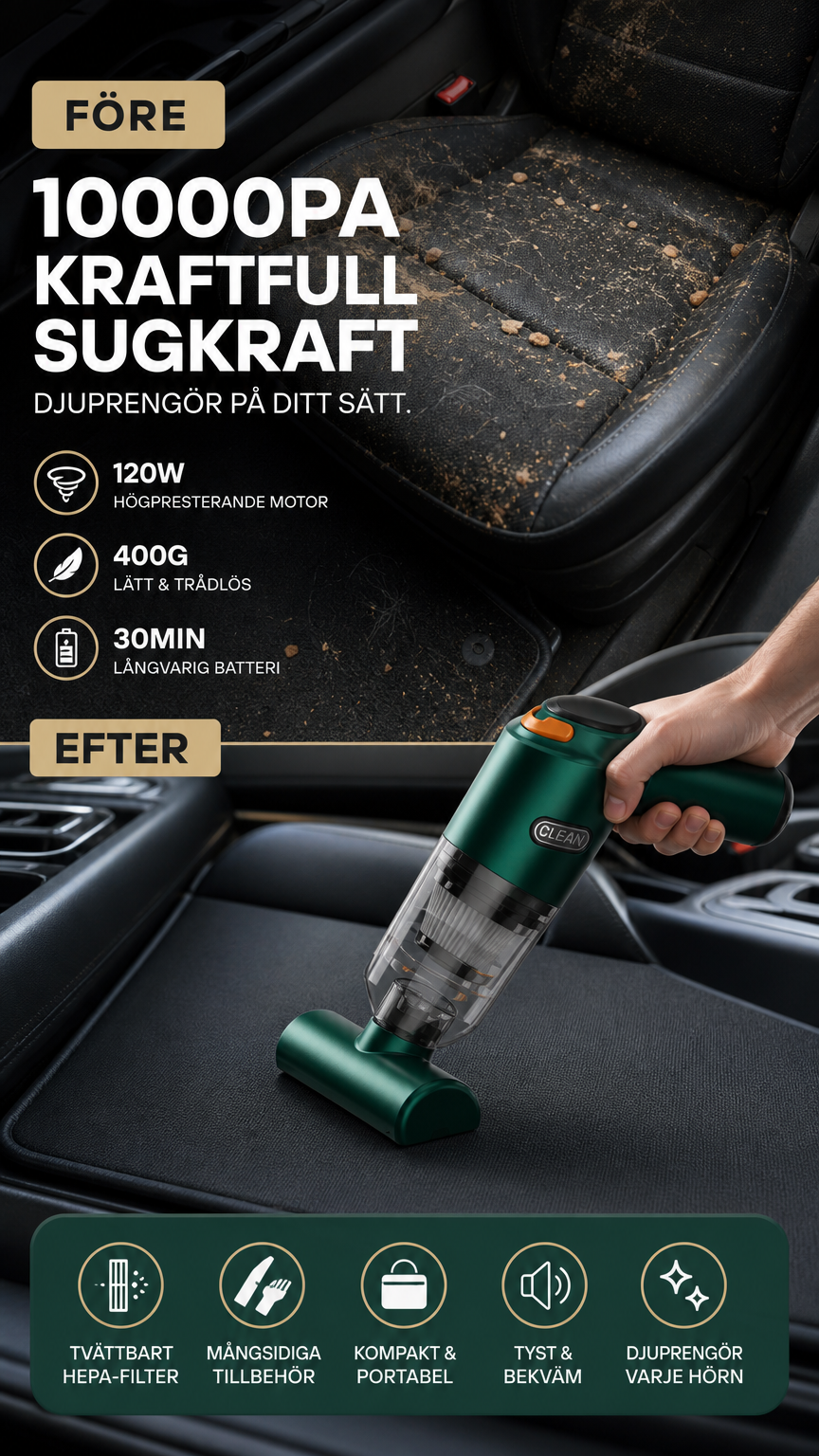 🚗 50% RABATT NU! 🔋 Kraftfull Trådlös Dammsugare för Bil – Kompakt & Sladdlös – Stark Sugkraft för Snabb & Enkel Rengöring 🧹