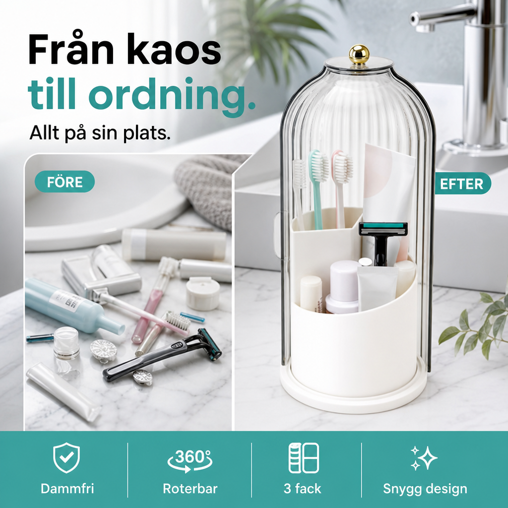🏡 Tandborstförvaring med Skjutlock – 3 Fack & 360° Roterbar – Håller badrummet ordnat, Lättmonterad & Vattentät – Perfekt för badrum, toalett och familjens hygienprodukter
