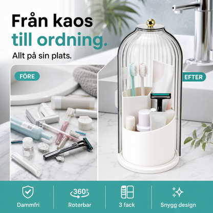 🏡 Tandborstförvaring med Skjutlock – 3 Fack & 360° Roterbar – Håller badrummet ordnat, Lättmonterad & Vattentät – Perfekt för badrum, toalett och familjens hygienprodukter